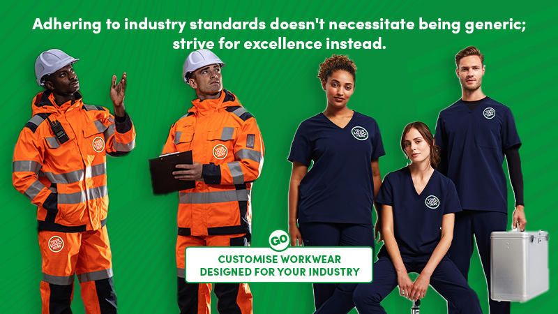 people in workwear. hi-vis jackets and scrubs